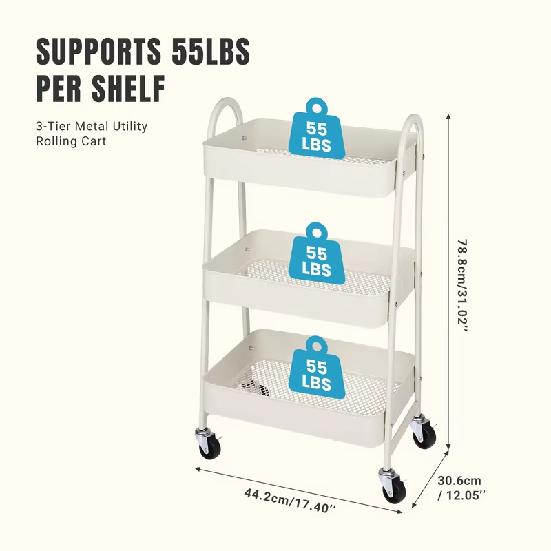 JHK 3 Tier Metal Storage Kitchen Cart with Lockable Wheels Mobile Shelving Unit Utility Rolling Organizer For Home Narrow Places