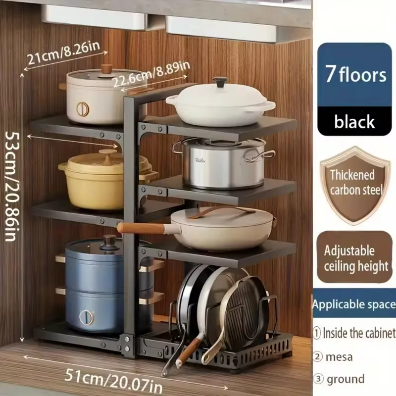 Kitchen Under Sink Pot Holder Stainless Steel Multi-Layer Frying Pan Rice Cooker Storage Rack Seasoning Bottle Debris Organizer