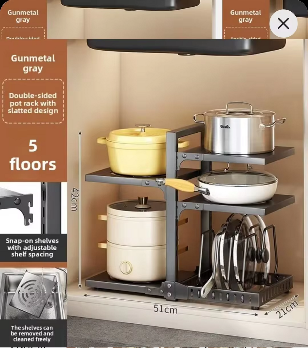Kitchen Under Sink Pot Holder Stainless Steel Multi-Layer Frying Pan Rice Cooker Storage Rack Seasoning Bottle Debris Organizer