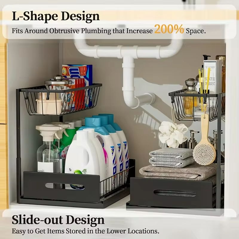 Under Sink Organizers, Metal Pull Out Under Sink Organizers,Storage Shelves with Sliding Drawer,Under Sink Storage for Kitchen