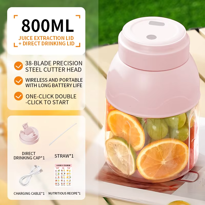 800ML juicer, portable electric citrus juicer and smoothie mixer, with straw and 2 mini fruit mixers for anytime, anywhere use
