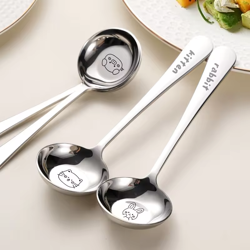 1PC Round Head Big Soup Spoon Cartoon Stainless Steel Food Grade Spoon Kids Household Flat Bottom Deep Spoon Tableware