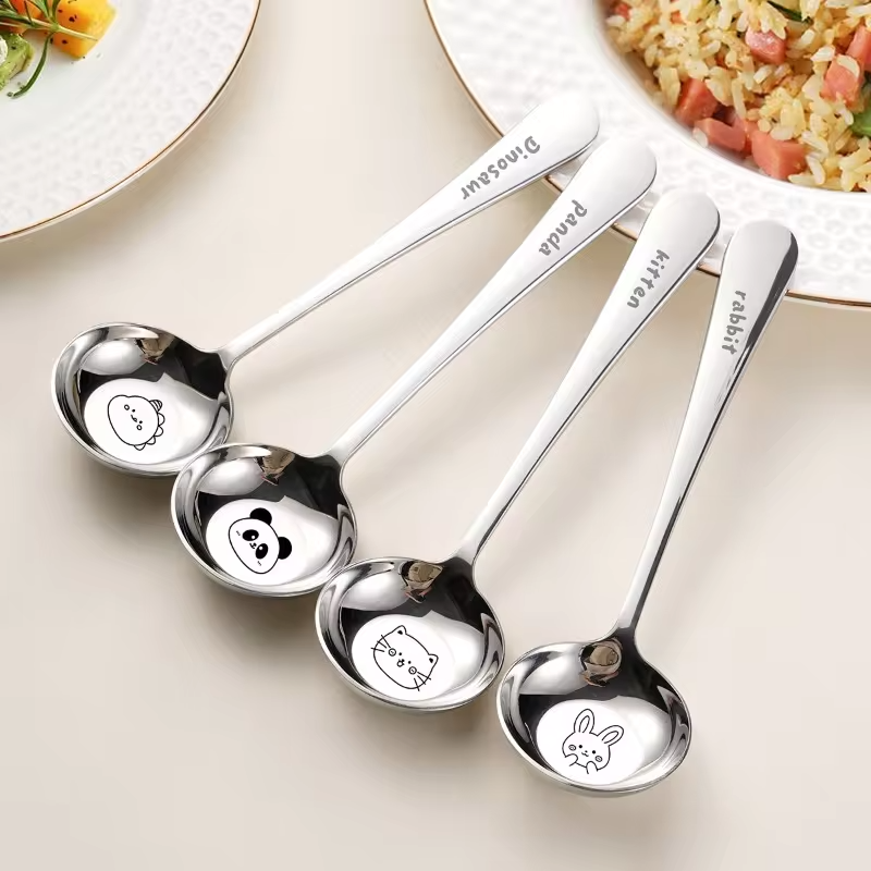1PC Round Head Big Soup Spoon Cartoon Stainless Steel Food Grade Spoon Kids Household Flat Bottom Deep Spoon Tableware