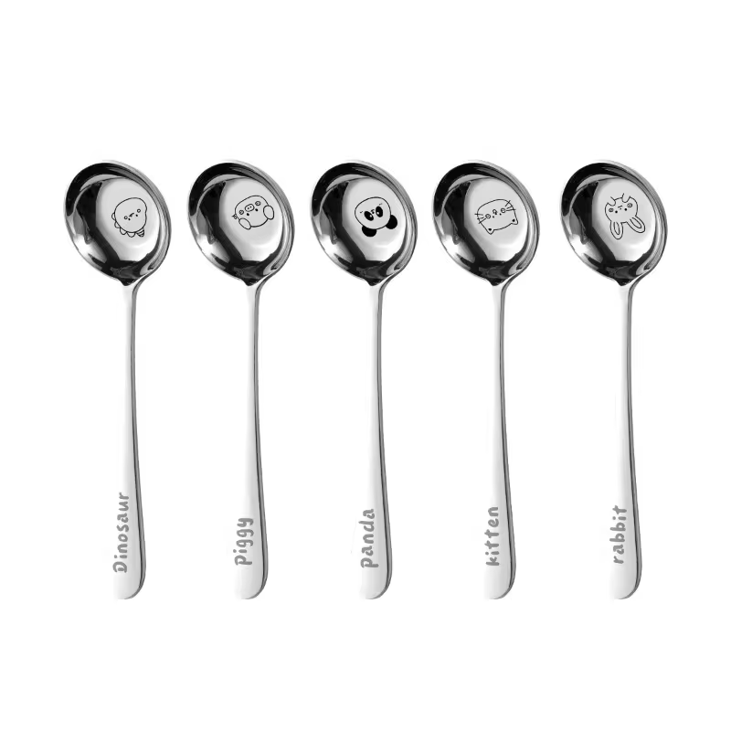 1PC Round Head Big Soup Spoon Cartoon Stainless Steel Food Grade Spoon Kids Household Flat Bottom Deep Spoon Tableware