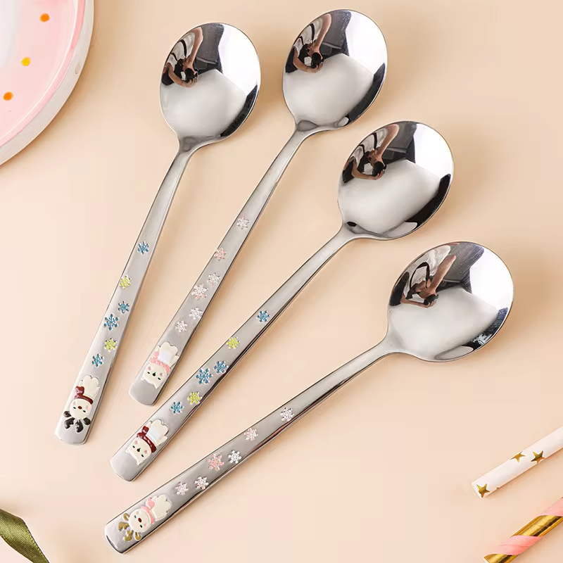 Hot 304 Stainless Steel Round Spoon Cartoon Embossed Deer Spoon Korean Style Household Long Handle Drinking Spoon lijiao