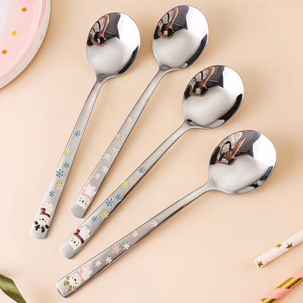 Hot 304 Stainless Steel Round Spoon Cartoon Embossed Deer Spoon Korean Style Household Long Handle Drinking Spoon lijiao