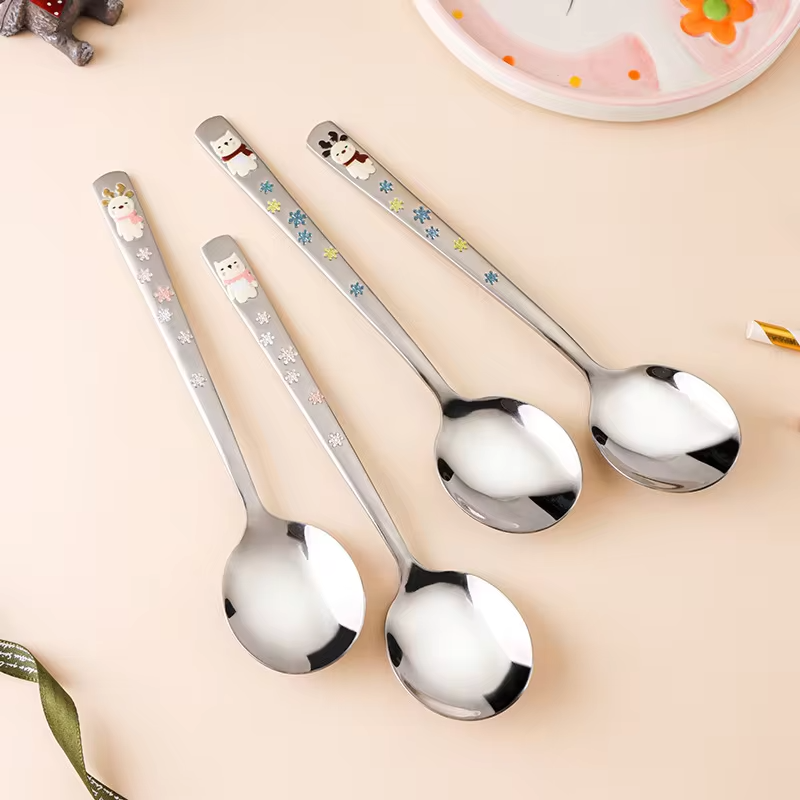Hot 304 Stainless Steel Round Spoon Cartoon Embossed Deer Spoon Korean Style Household Long Handle Drinking Spoon lijiao