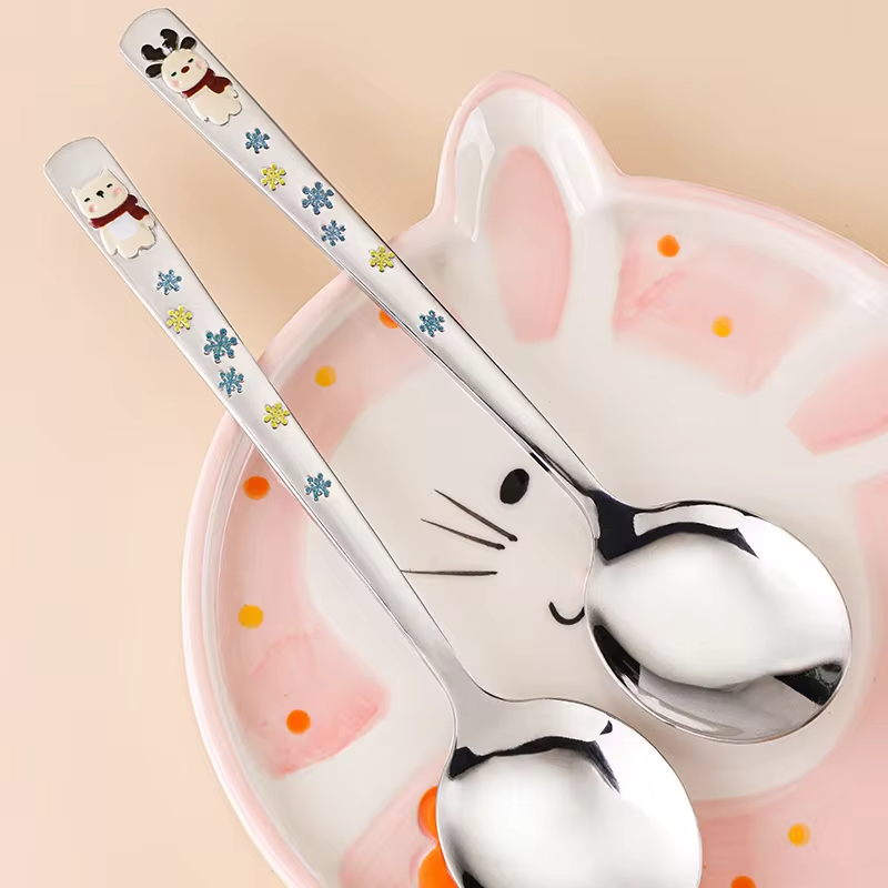 Hot 304 Stainless Steel Round Spoon Cartoon Embossed Deer Spoon Korean Style Household Long Handle Drinking Spoon lijiao