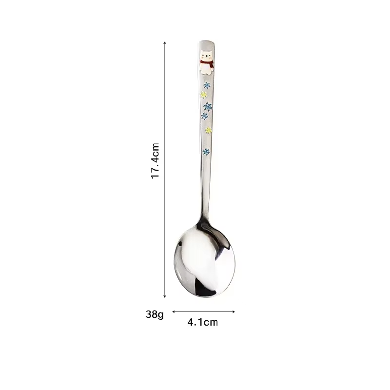 Hot 304 Stainless Steel Round Spoon Cartoon Embossed Deer Spoon Korean Style Household Long Handle Drinking Spoon lijiao