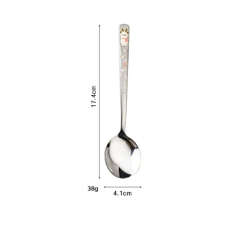 Hot 304 Stainless Steel Round Spoon Cartoon Embossed Deer Spoon Korean Style Household Long Handle Drinking Spoon lijiao